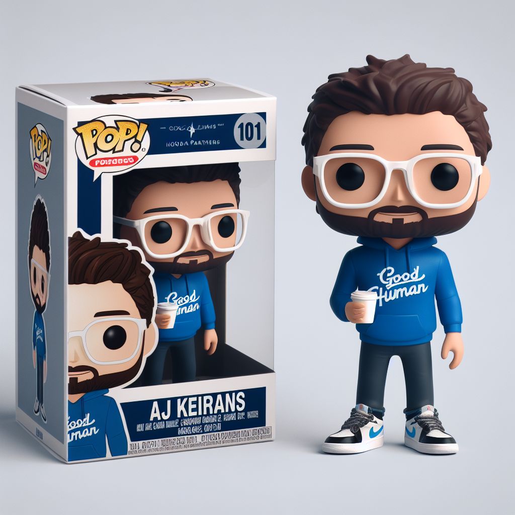 An AI-generated Funko POP figure of AJ Keirans, with glasses, a beard and a blue Good Human hoodie, next to its box labeled "AJ Keirans".