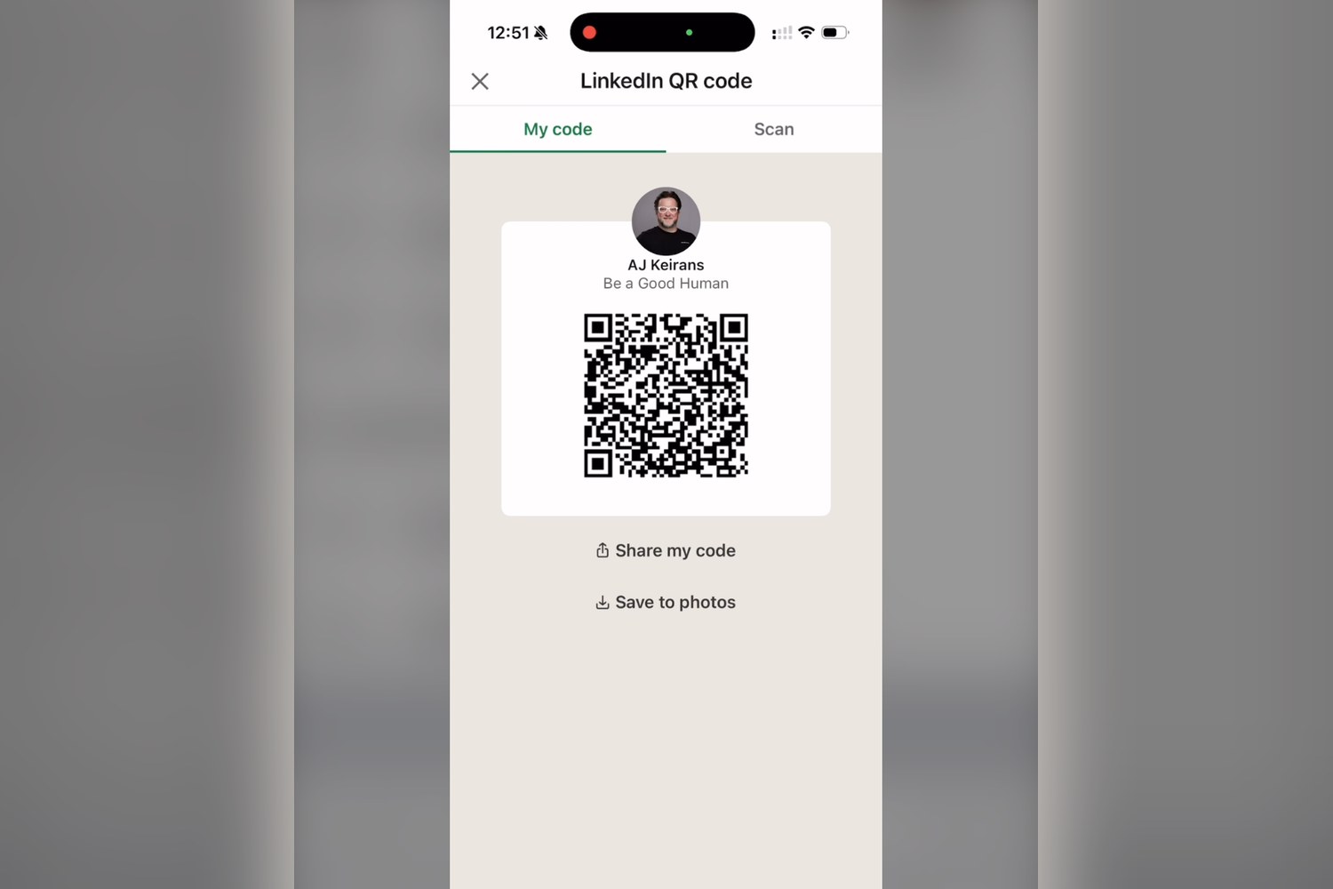Still from AJ's conference networking video: the LinkedIn app's QR code screen for AJ Keirans.