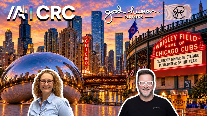 AJ Keirans and Ginger De Stefano in an illustrated Chicago scene; the Wrigley Field marquee reads Celebrate Ginger De Stefano, IA Volunteer of the Year.