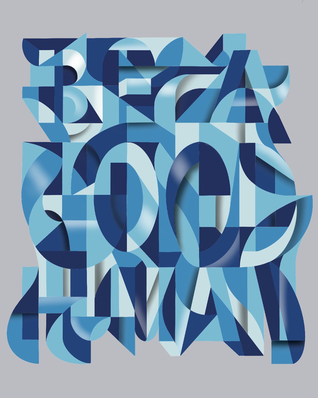 'Be a Good Human' hand-lettered in Ryan Adams' geometric gem style, in shades of blue on a grey background.