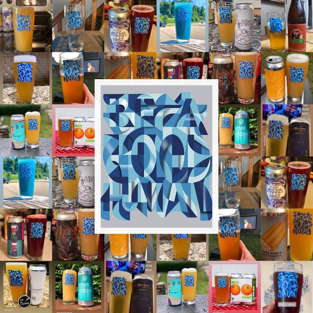 A grid of beer glasses and cans, each glass printed with the blue 'Be a Good Human' design, around the original artwork.