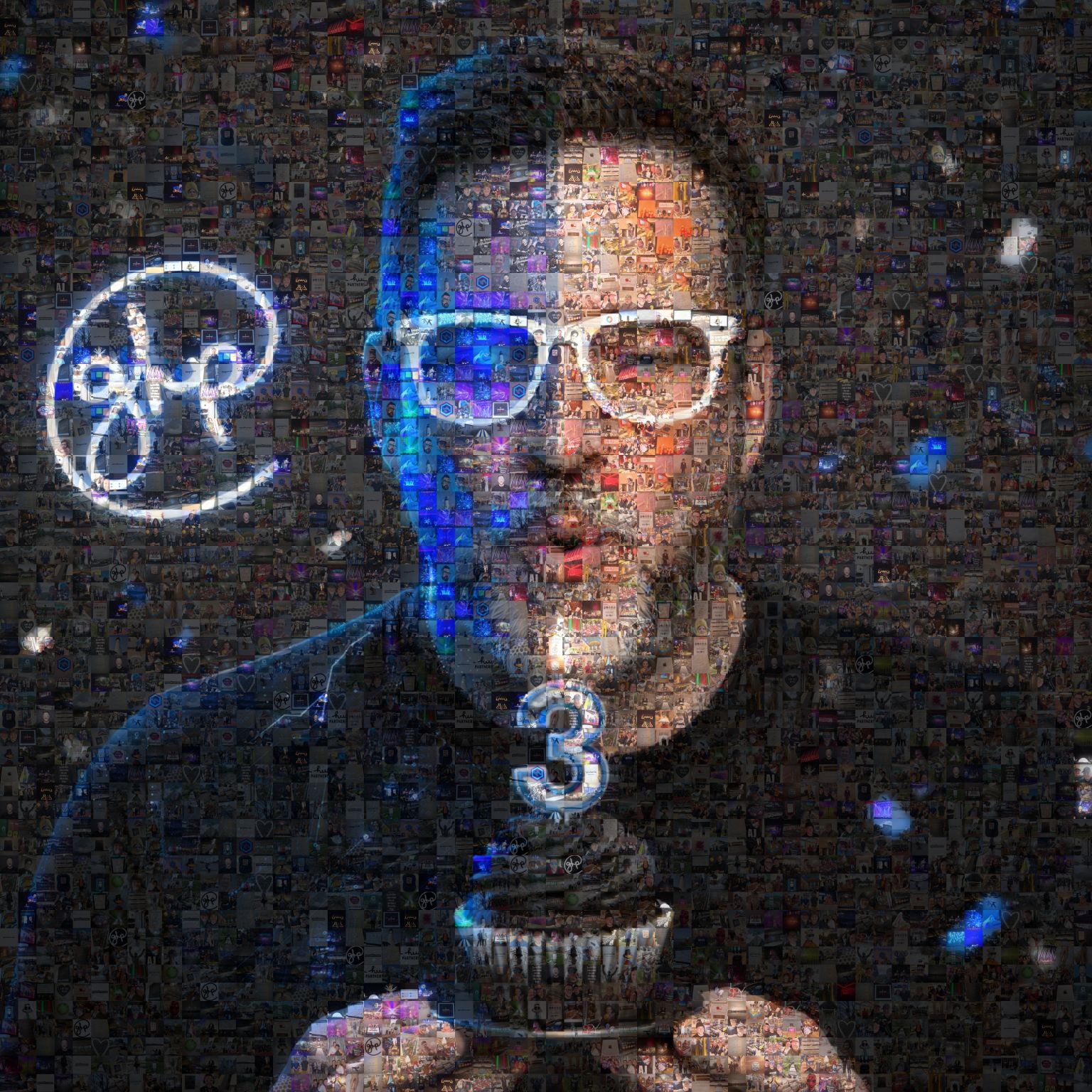 AJ Keirans' portrait made from a mosaic of photos of people and moments from three years of Good Human Partners.