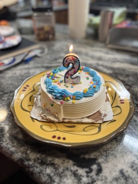 A small frosted cake with a lit number-2 candle.