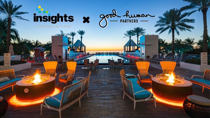 "Insights x Good Human Partners" graphic over a resort pool deck with fire pits and palm trees at dusk.