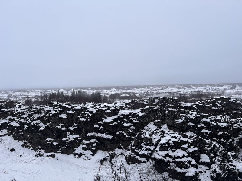 A snowy lava field stretching to the horizon under a grey sky.