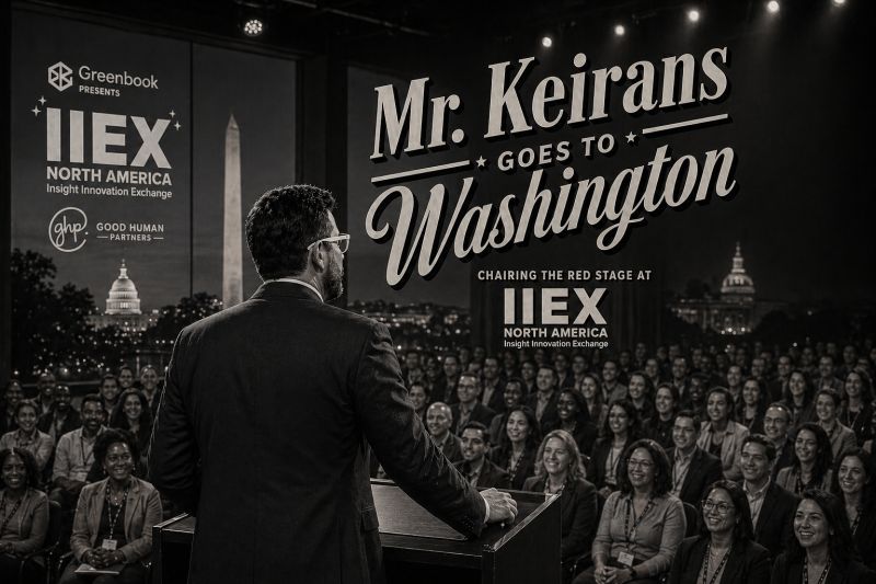 Black-and-white illustrated poster reading "Mr. Keirans Goes to Washington, chairing the Red Stage at IIEX North America", with AJ Keirans at a podium before an audience, the Washington Monument and Capitol behind.