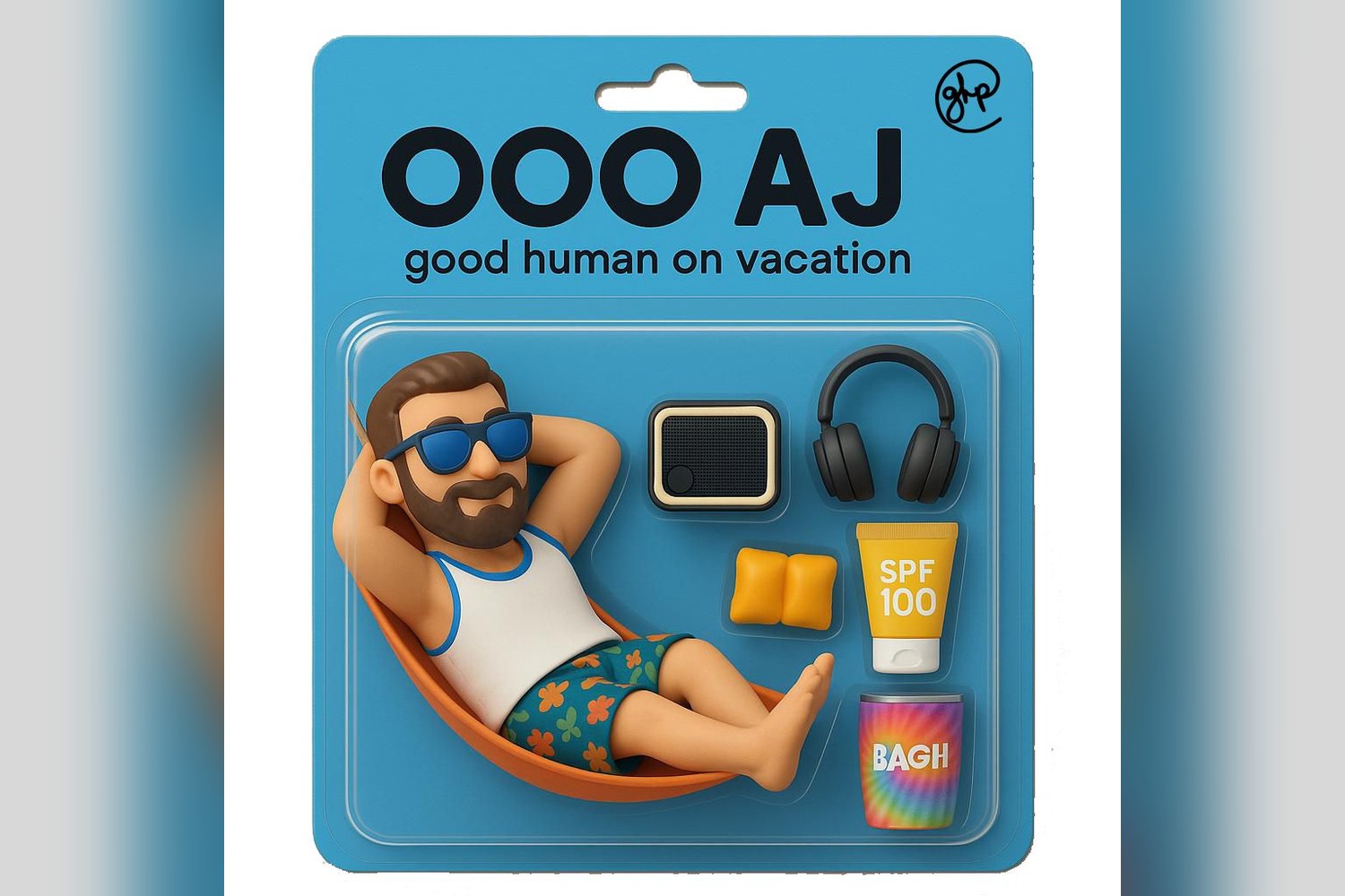 OOO AJ, good human on vacation: an action-figure-style illustration of AJ relaxing in a hammock.