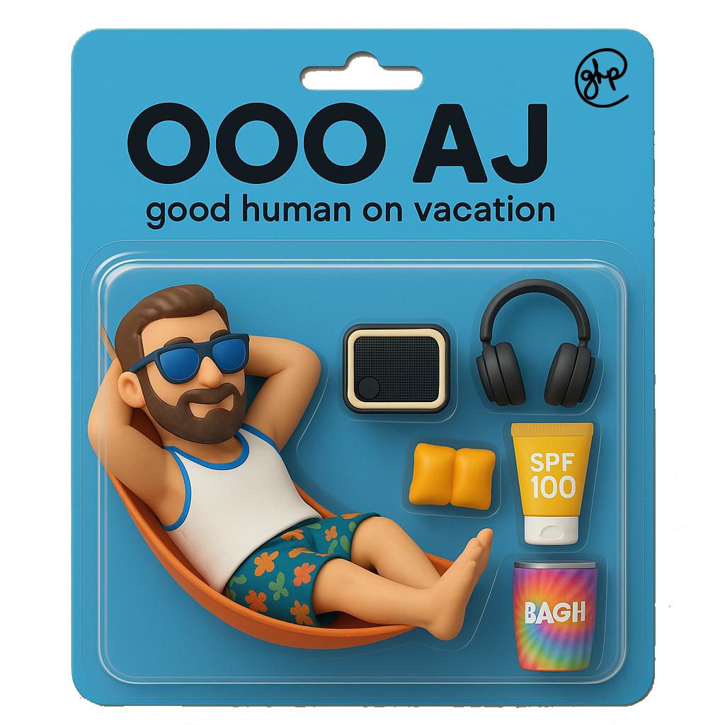 An AI-generated action figure of AJ Keirans in sunglasses, lounging in a hammock, packaged on a blue card labeled "OOO AJ: good human on vacation", with headphones and SPF 100 sunscreen among the accessories.