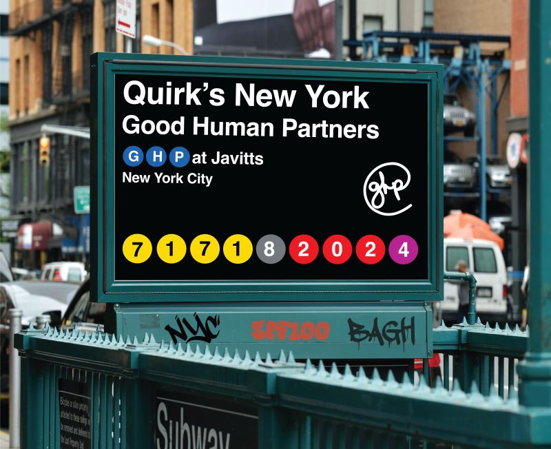 Illustrated New York subway entrance with a sign reading "Quirk's New York, Good Human Partners at Javits, New York City" and 2024 on the subway bullets.