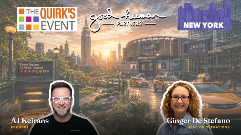 AJ Keirans and Ginger De Stefano over an illustrated New York street scene with the Javits Center, for The Quirk's Event New York 2026.