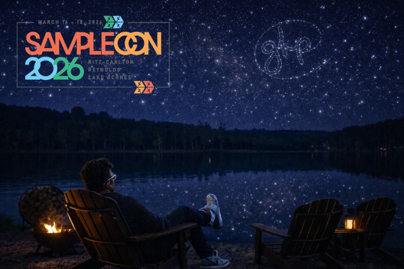 SampleCon 2026 x Good Human Partners graphic: an illustrated AJ Keirans in an Adirondack chair by a fire pit on a lake shore under a starry sky, with the GHP logo in the stars.