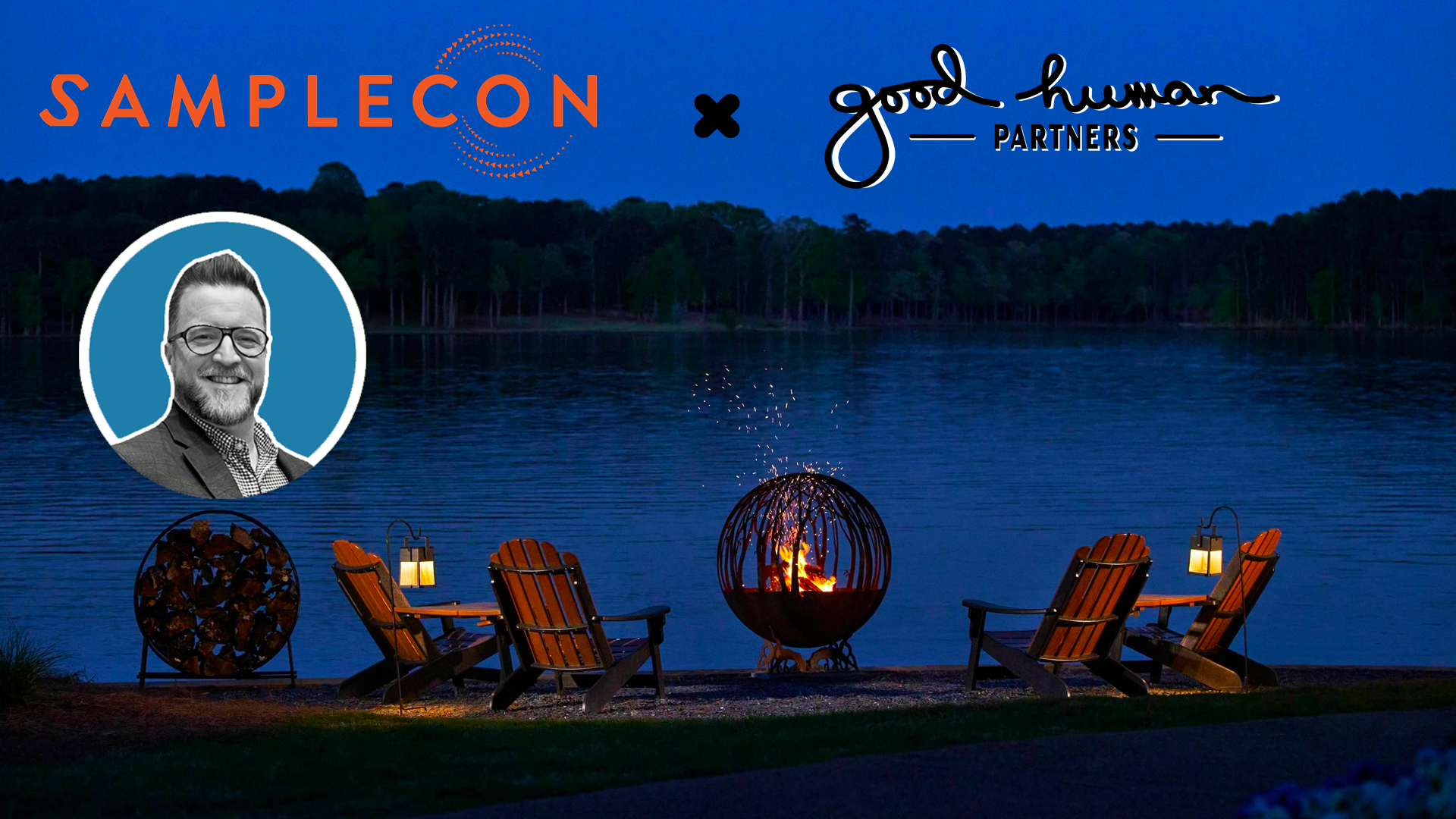 SampleCon x Good Human Partners graphic: an illustrated AJ Keirans by a lakeside fire pit.