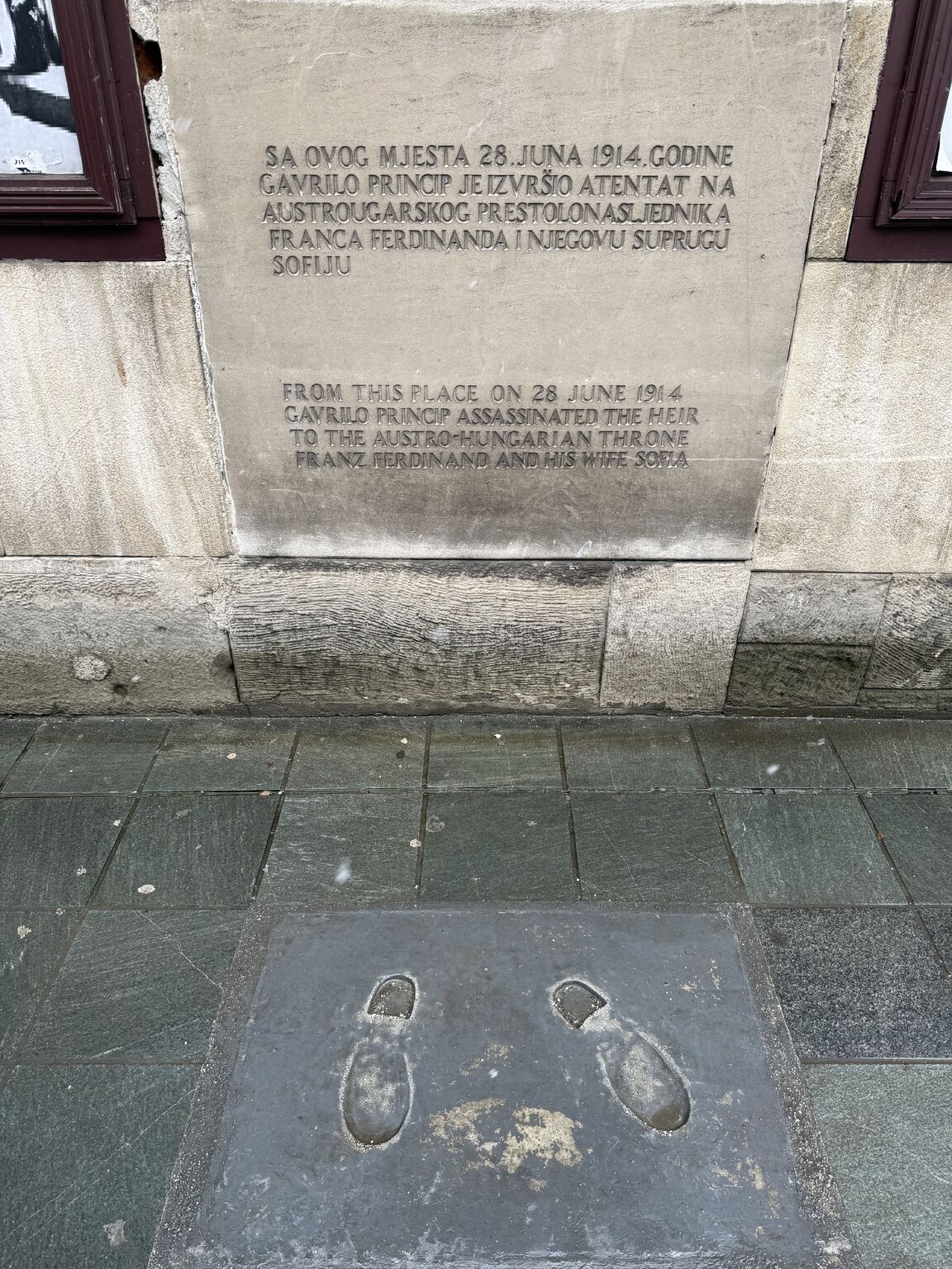 The marker in Sarajevo at the spot of the June 28, 1914 assassination.